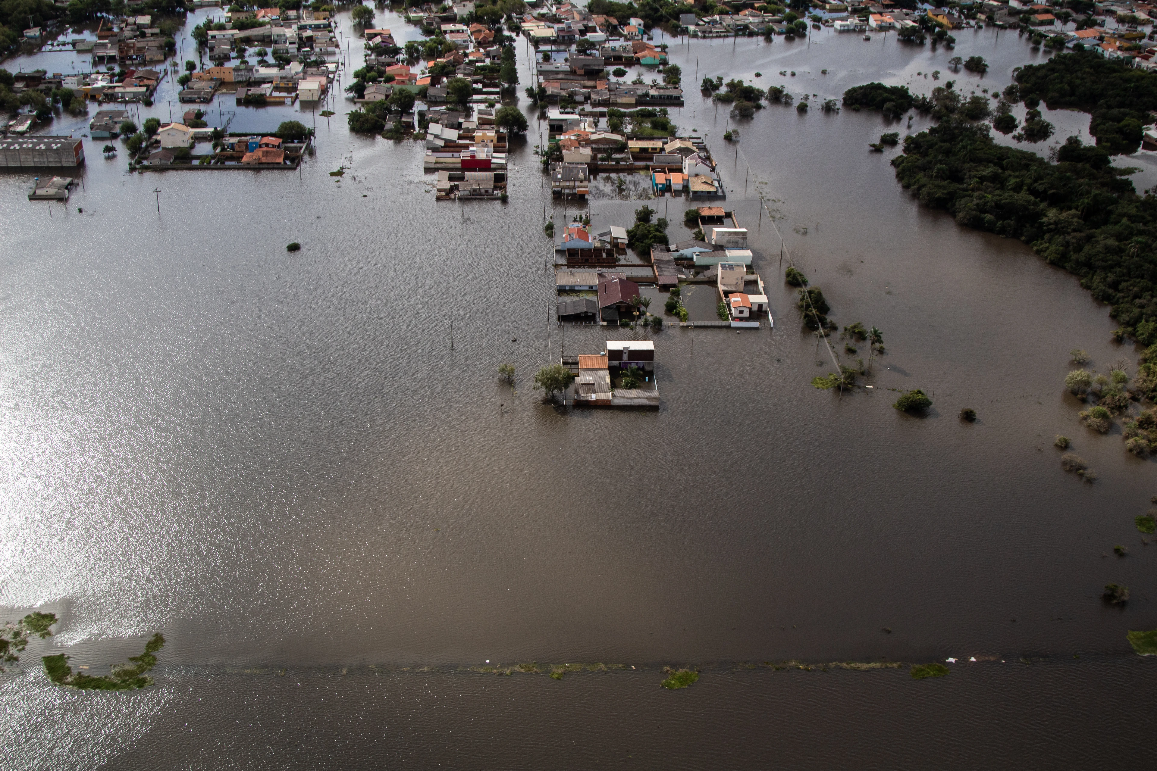 Houses and trees standing in floodwater across a residential neighbourhood, seen from the air