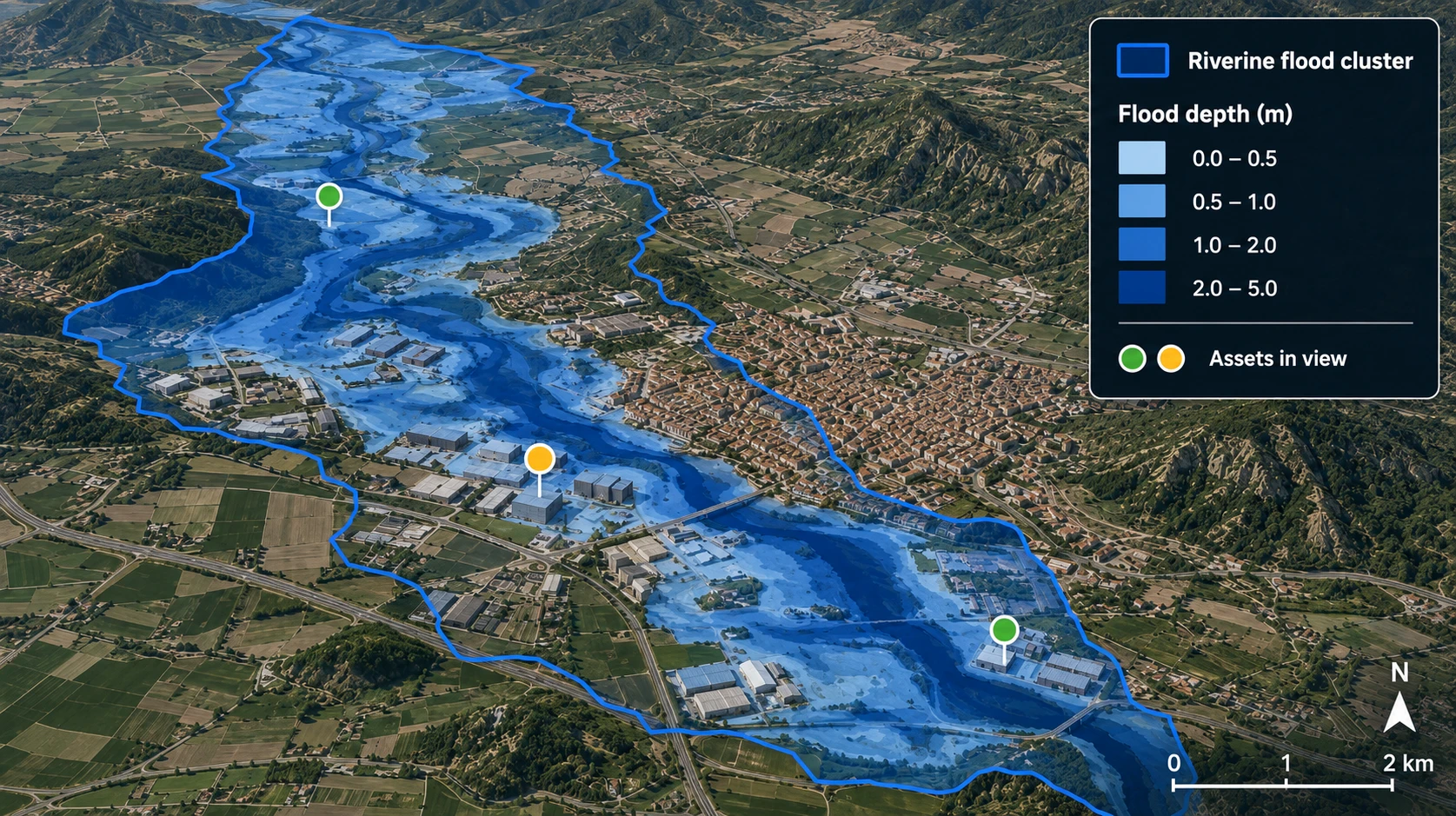 A riverine flood cluster outlined across a valley, with modelled flood depth banded from 0 to 5 metres and assets marked inside it