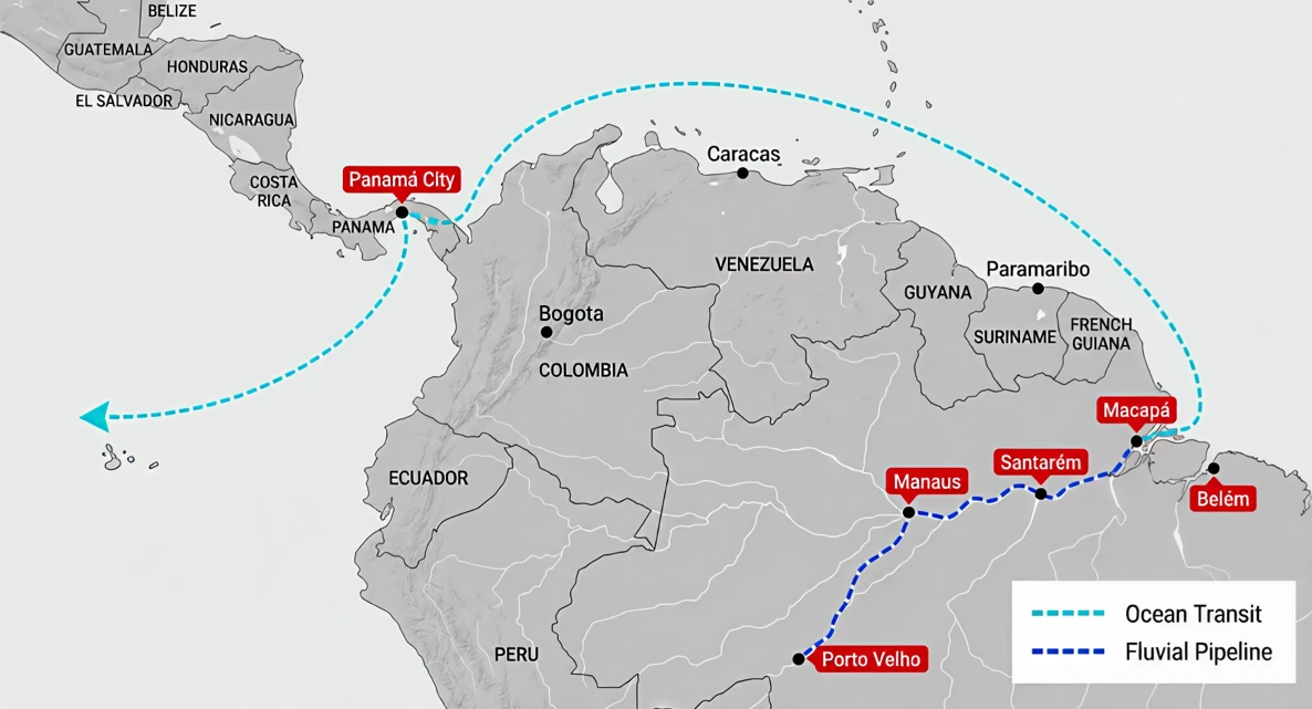 Map of northern South America tracing the river route from Porto Velho past Manaus to the mouth of the Amazon, and the ocean route across the Caribbean through the Panama Canal into the Pacific