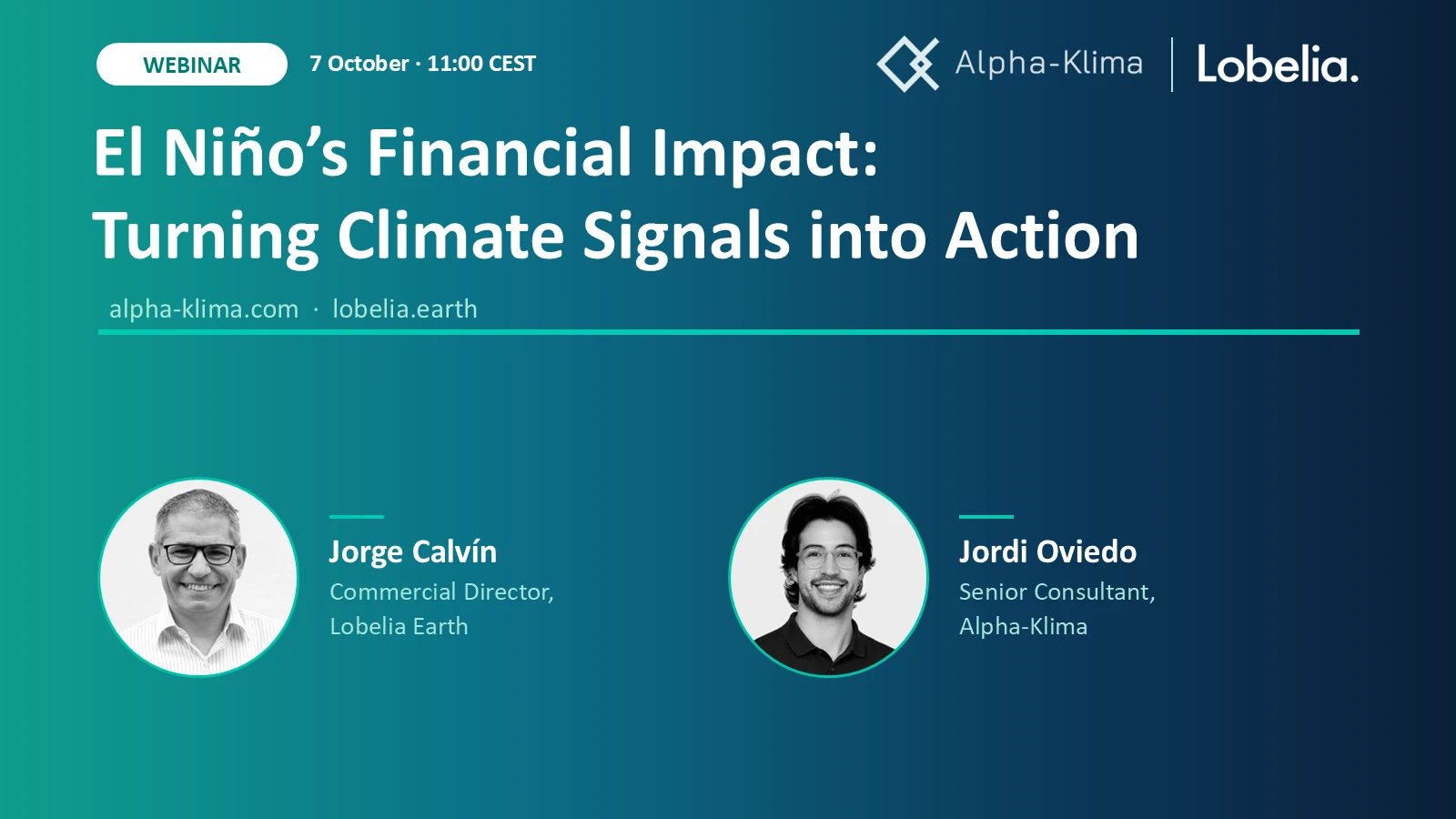 El Niño financial impact webinar El Niño webinar poster featuring Jorge Calvín and Jordi Oviedo