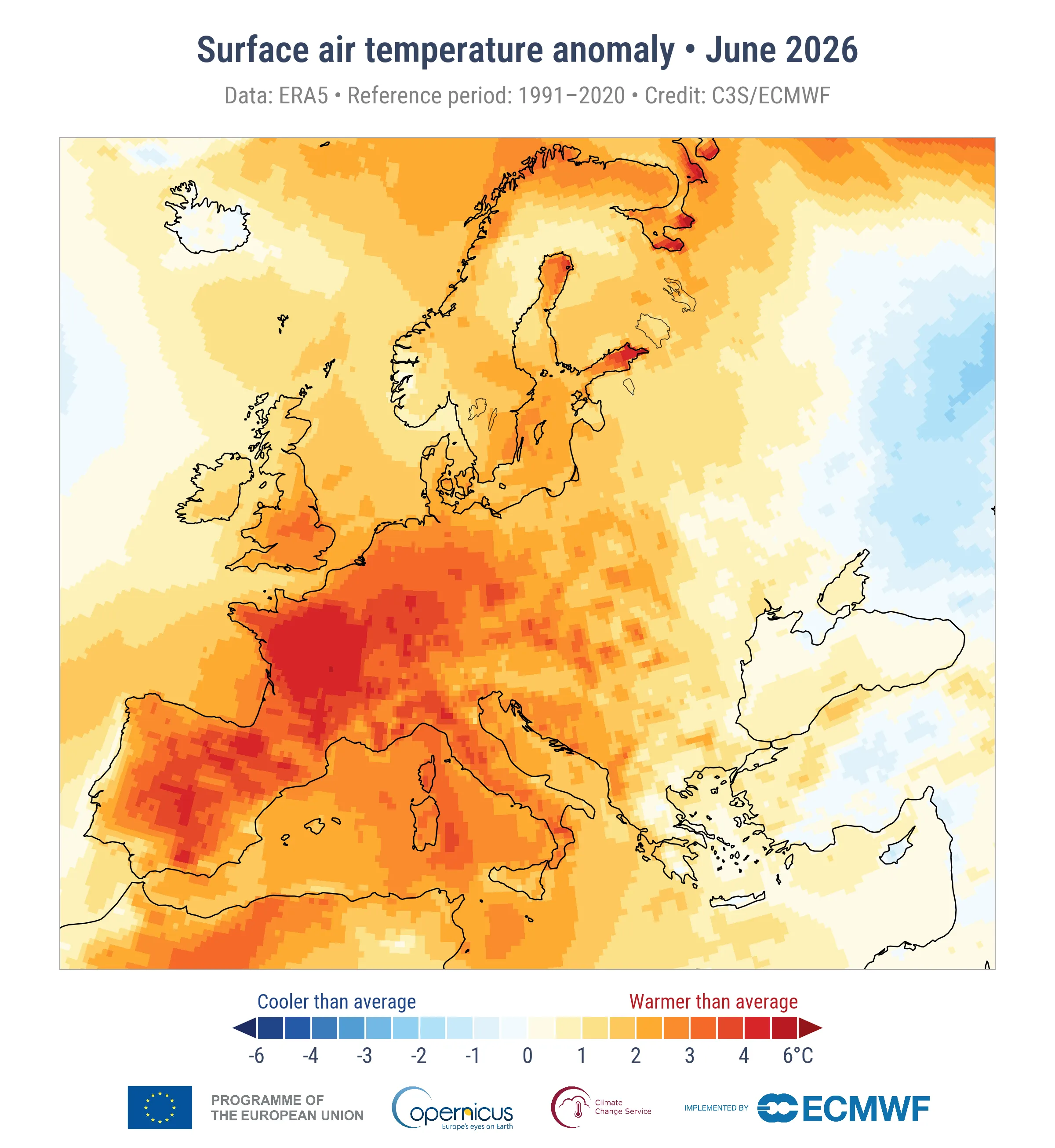 European temperature anomalies during the June 2026 heatwave