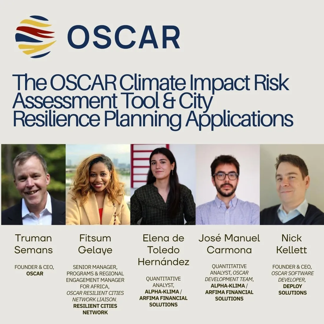 Session poster for The OSCAR Climate Impact Risk Assessment Tool, with the five speakers