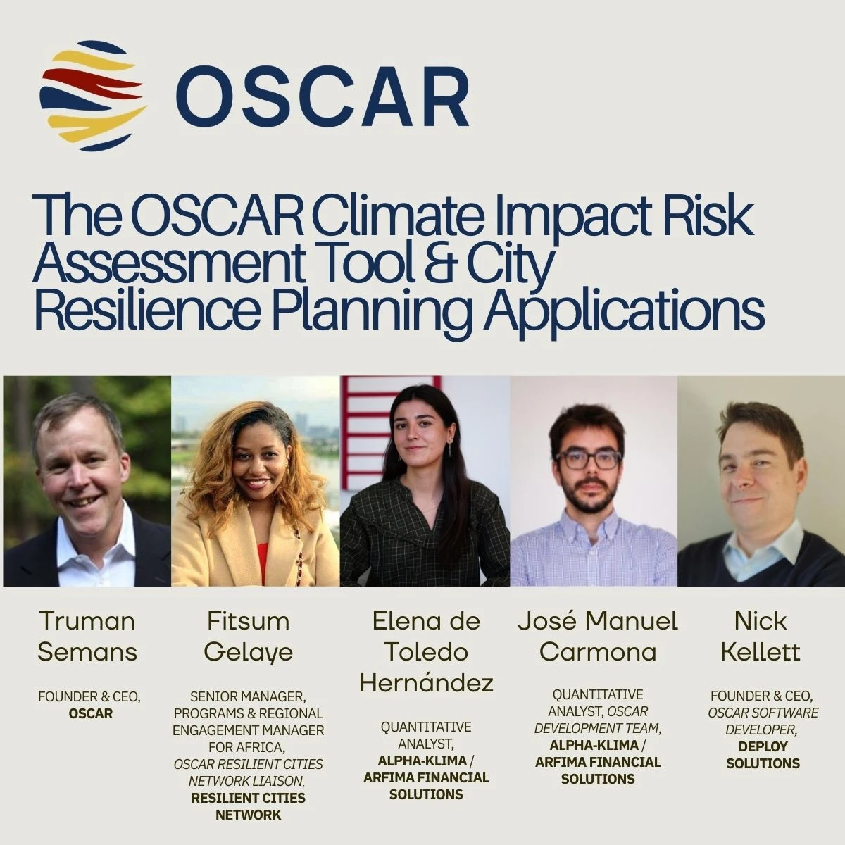 Session poster for The OSCAR Climate Impact Risk Assessment Tool, with the five speakers
