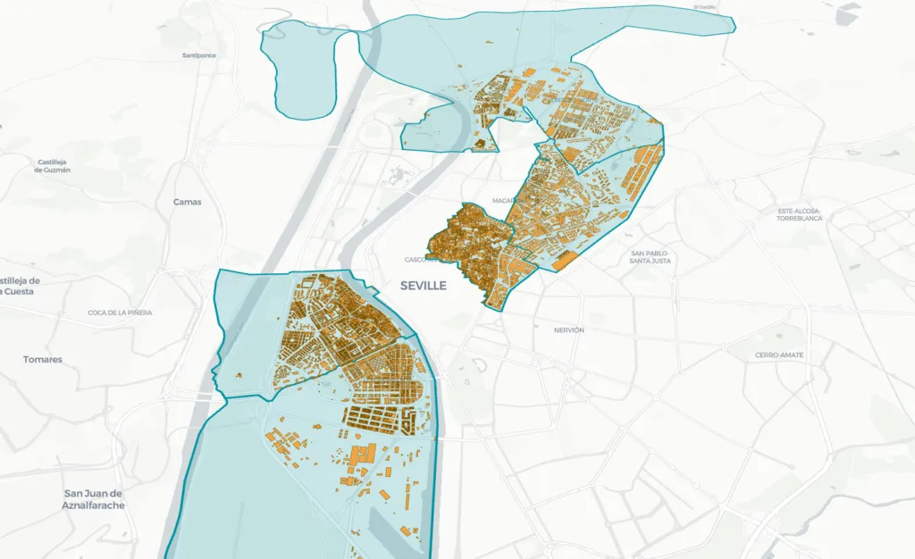 Map of Seville shading the five postcodes with the highest estimated flood exposure