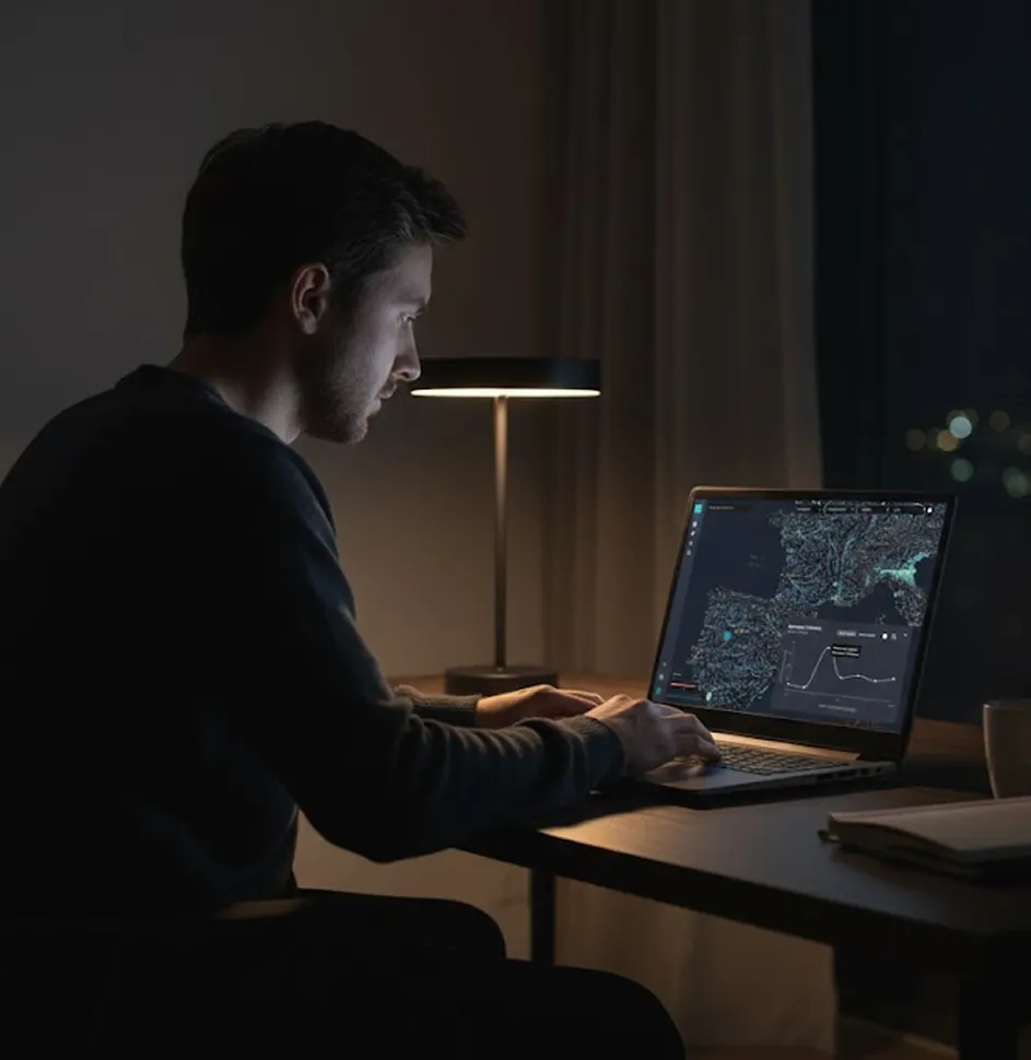 Climate risk analyst using a data-driven platform to assess climate hazards and financial impacts on a digital map