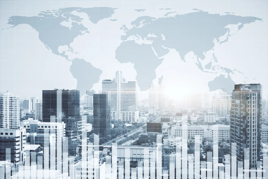 Global city skyline with world map overlay representing climate risk data analysis and financial impact assessment